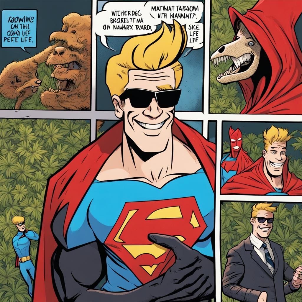 A smiling golden-haired comic character with a red cape surrounded by story panels.